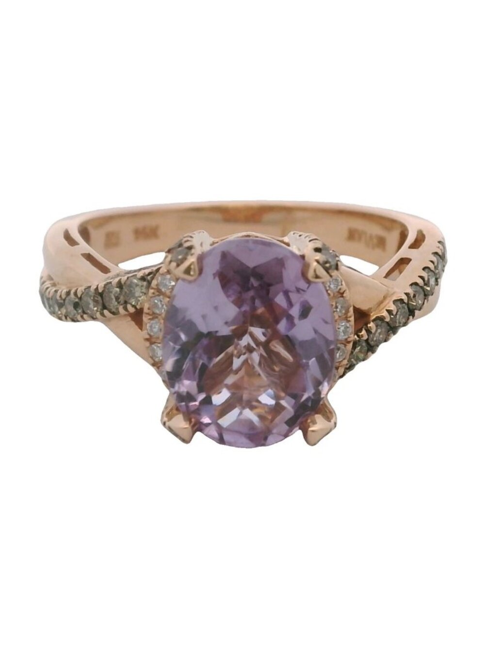 LeVian 14kt Rose Gold Twist Band Amethyst Solitaire Ring Diamonds Size 7
